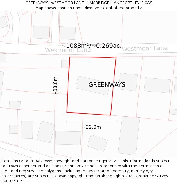 GREENWAYS, WESTMOOR LANE, HAMBRIDGE, LANGPORT, TA10 0AS: Plot and title map