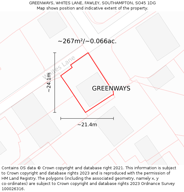 GREENWAYS, WHITES LANE, FAWLEY, SOUTHAMPTON, SO45 1DG: Plot and title map