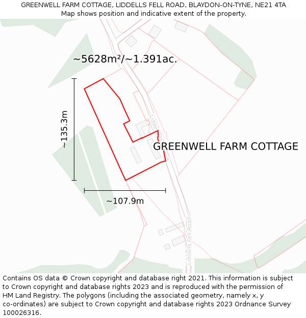 GREENWELL FARM COTTAGE, LIDDELLS FELL ROAD, BLAYDON-ON-TYNE, NE21 4TA: Plot and title map