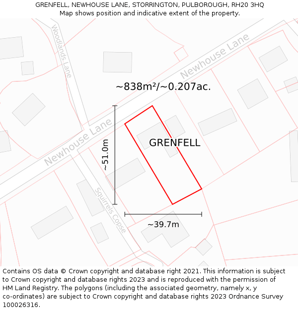 GRENFELL, NEWHOUSE LANE, STORRINGTON, PULBOROUGH, RH20 3HQ: Plot and title map