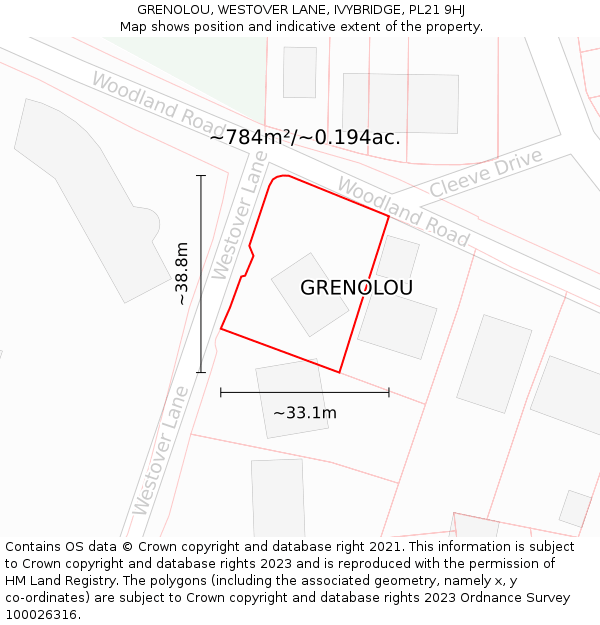 GRENOLOU, WESTOVER LANE, IVYBRIDGE, PL21 9HJ: Plot and title map