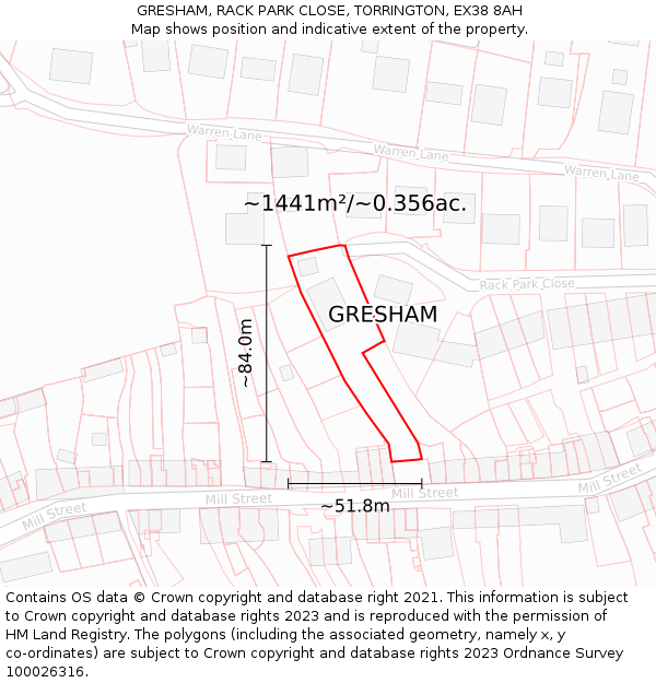 GRESHAM, RACK PARK CLOSE, TORRINGTON, EX38 8AH: Plot and title map