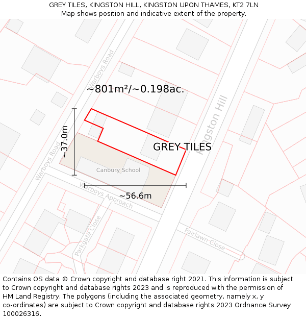 GREY TILES, KINGSTON HILL, KINGSTON UPON THAMES, KT2 7LN: Plot and title map