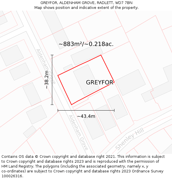 GREYFOR, ALDENHAM GROVE, RADLETT, WD7 7BN: Plot and title map