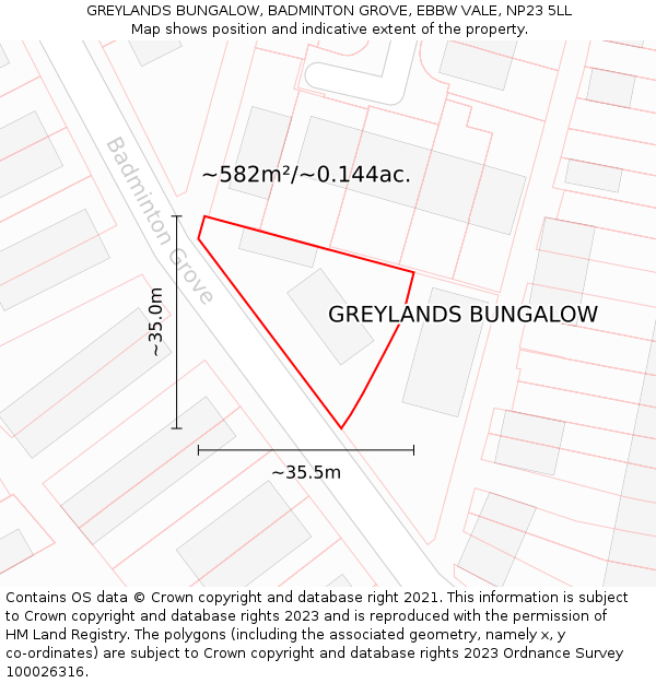 GREYLANDS BUNGALOW, BADMINTON GROVE, EBBW VALE, NP23 5LL: Plot and title map