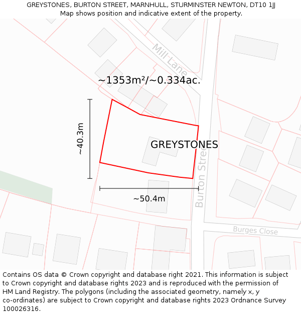 GREYSTONES, BURTON STREET, MARNHULL, STURMINSTER NEWTON, DT10 1JJ: Plot and title map