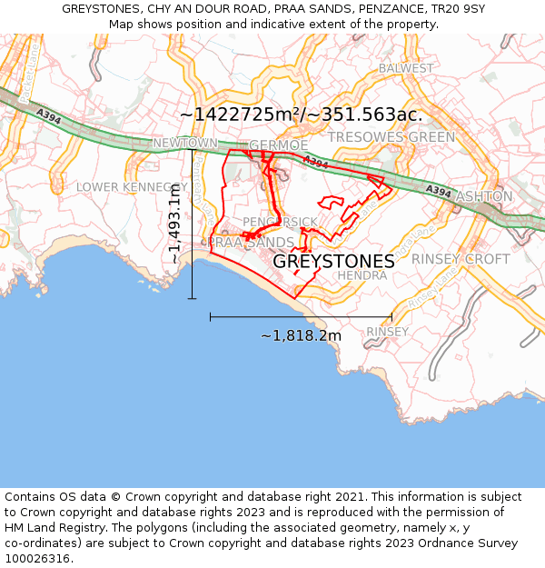 GREYSTONES, CHY AN DOUR ROAD, PRAA SANDS, PENZANCE, TR20 9SY: Plot and title map