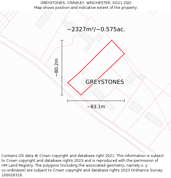 GREYSTONES, CRAWLEY, WINCHESTER, SO21 2QD: Plot and title map