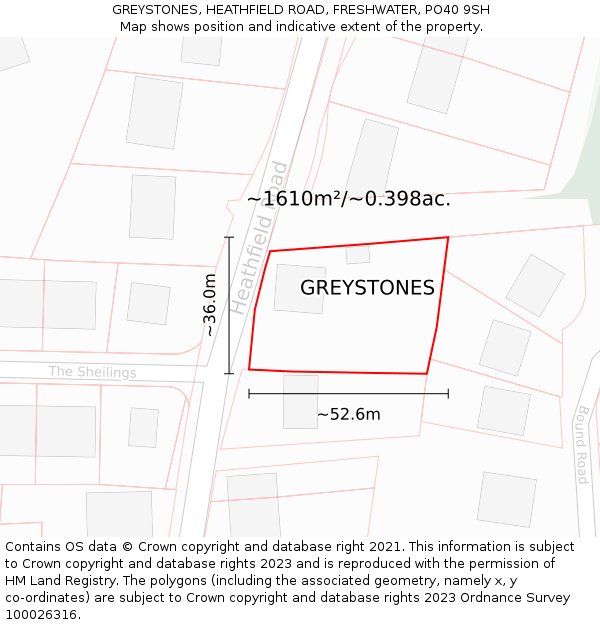 GREYSTONES, HEATHFIELD ROAD, FRESHWATER, PO40 9SH: Plot and title map