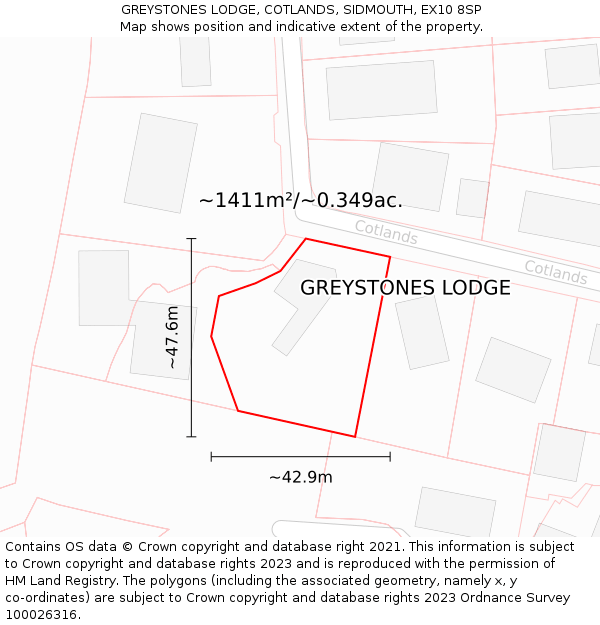 GREYSTONES LODGE, COTLANDS, SIDMOUTH, EX10 8SP: Plot and title map