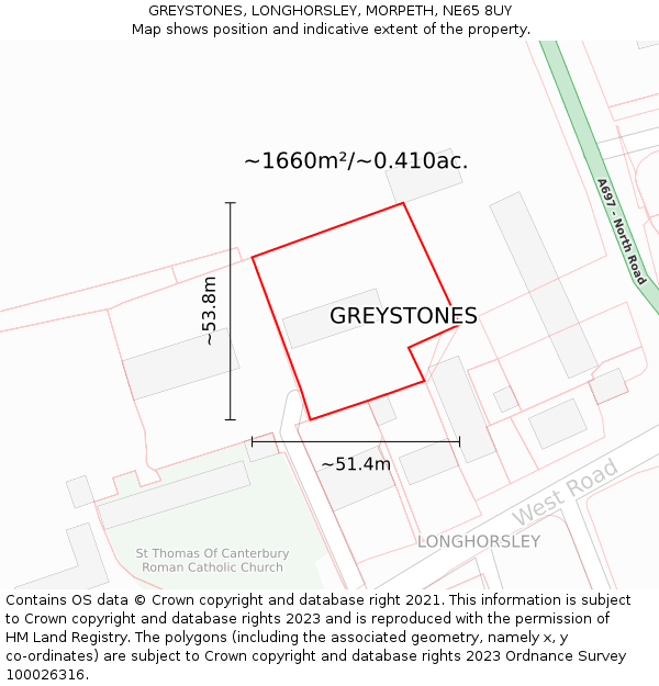 GREYSTONES, LONGHORSLEY, MORPETH, NE65 8UY: Plot and title map