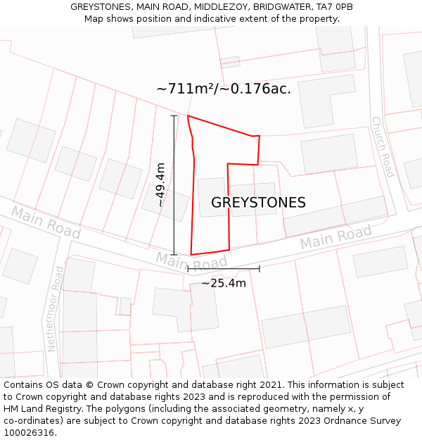 GREYSTONES, MAIN ROAD, MIDDLEZOY, BRIDGWATER, TA7 0PB: Plot and title map