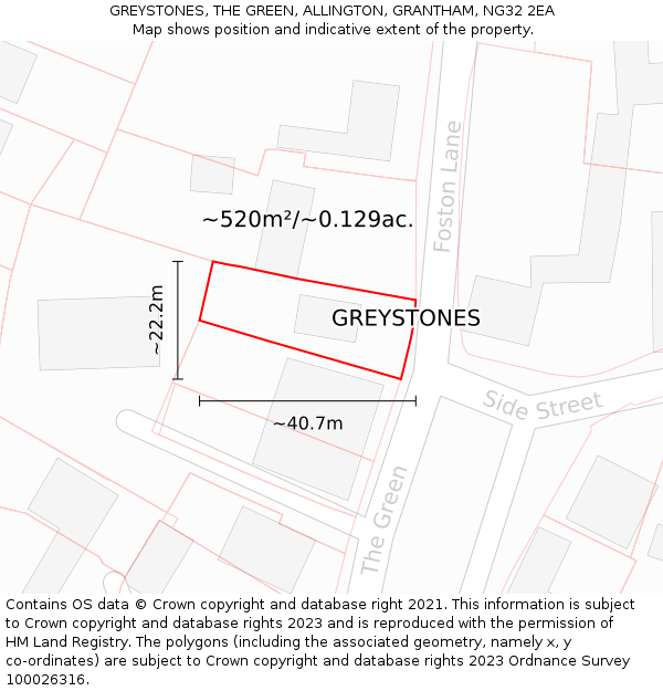 GREYSTONES, THE GREEN, ALLINGTON, GRANTHAM, NG32 2EA: Plot and title map