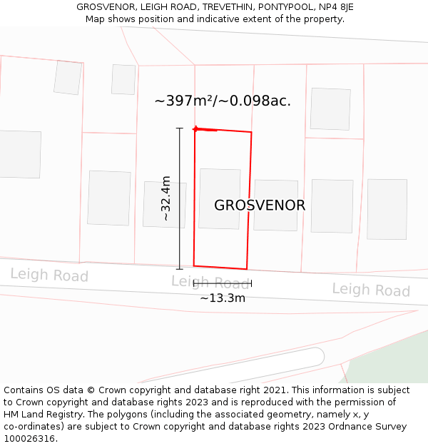 GROSVENOR, LEIGH ROAD, TREVETHIN, PONTYPOOL, NP4 8JE: Plot and title map