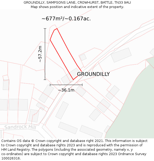 GROUNDILLY, SAMPSONS LANE, CROWHURST, BATTLE, TN33 9AU: Plot and title map