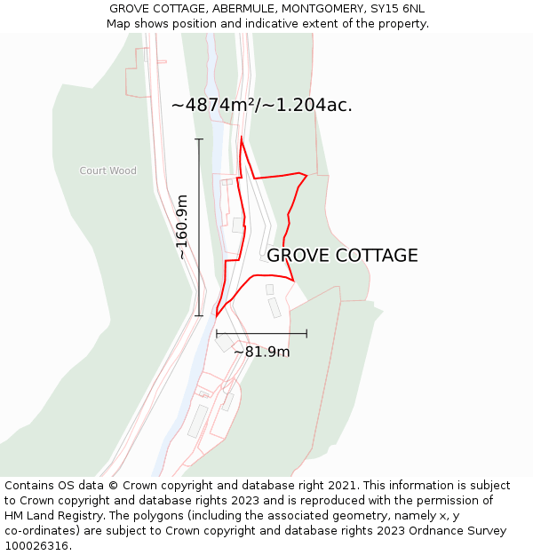 GROVE COTTAGE, ABERMULE, MONTGOMERY, SY15 6NL: Plot and title map