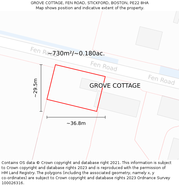 GROVE COTTAGE, FEN ROAD, STICKFORD, BOSTON, PE22 8HA: Plot and title map