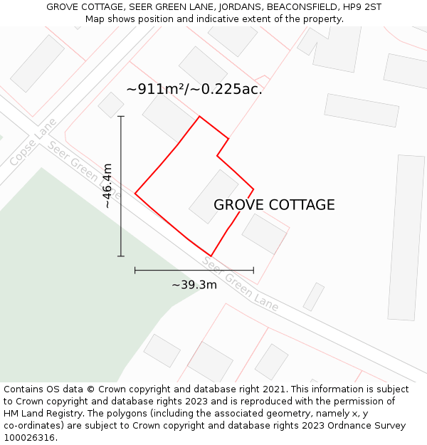 GROVE COTTAGE, SEER GREEN LANE, JORDANS, BEACONSFIELD, HP9 2ST: Plot and title map