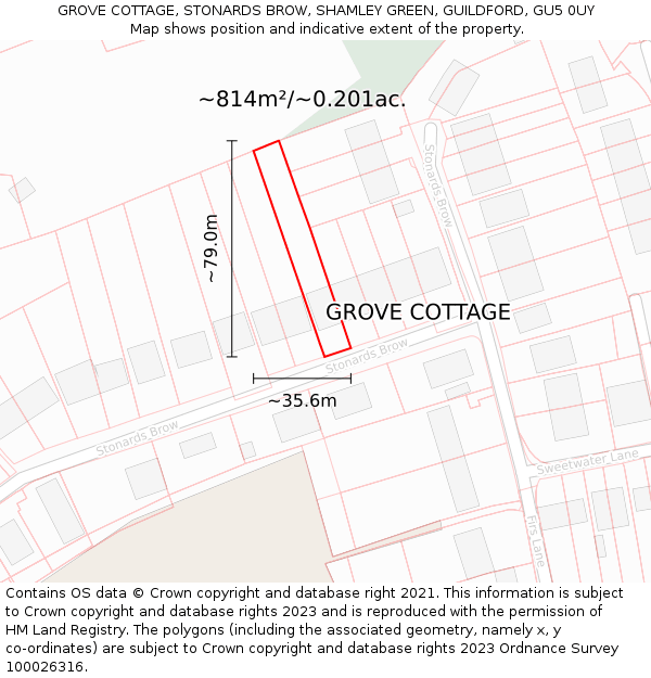 GROVE COTTAGE, STONARDS BROW, SHAMLEY GREEN, GUILDFORD, GU5 0UY: Plot and title map