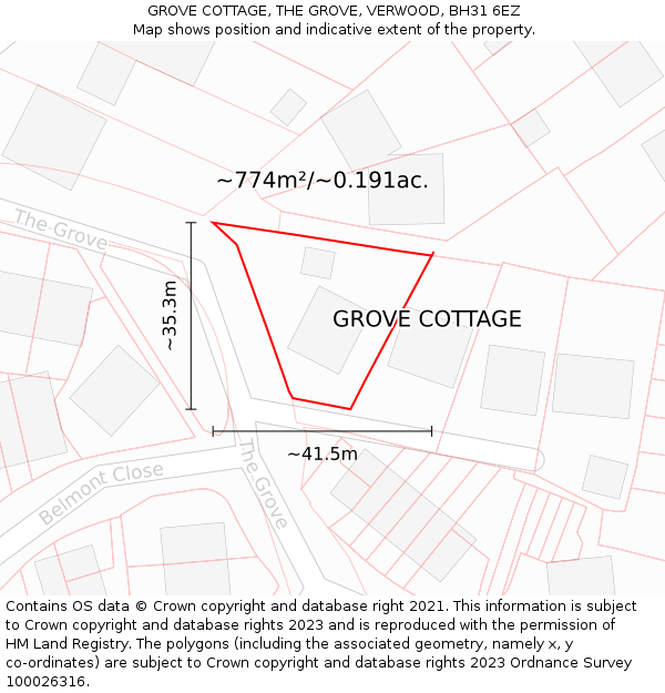 GROVE COTTAGE, THE GROVE, VERWOOD, BH31 6EZ: Plot and title map