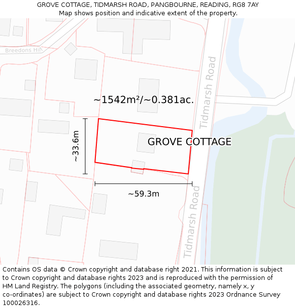 GROVE COTTAGE, TIDMARSH ROAD, PANGBOURNE, READING, RG8 7AY: Plot and title map