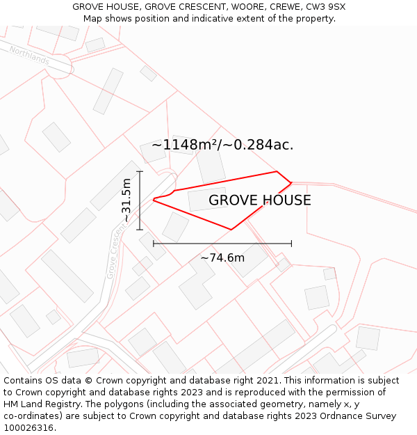 GROVE HOUSE, GROVE CRESCENT, WOORE, CREWE, CW3 9SX: Plot and title map