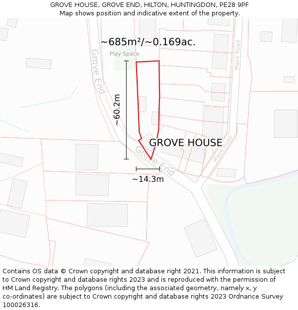 GROVE HOUSE, GROVE END, HILTON, HUNTINGDON, PE28 9PF: Plot and title map