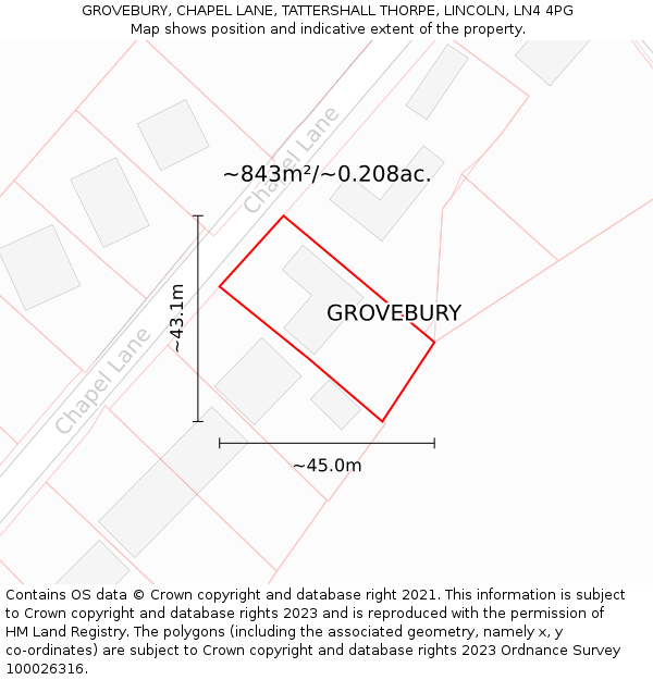 GROVEBURY, CHAPEL LANE, TATTERSHALL THORPE, LINCOLN, LN4 4PG: Plot and title map