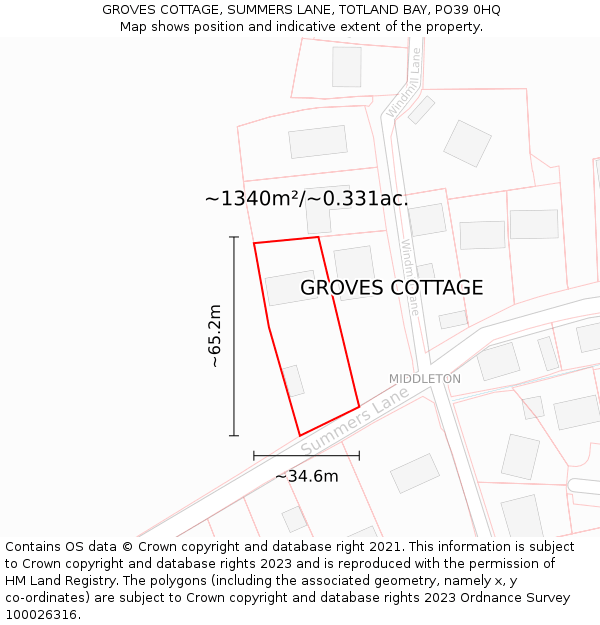 GROVES COTTAGE, SUMMERS LANE, TOTLAND BAY, PO39 0HQ: Plot and title map