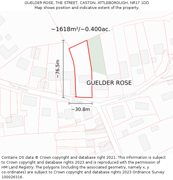 GUELDER ROSE, THE STREET, CASTON, ATTLEBOROUGH, NR17 1DD: Plot and title map