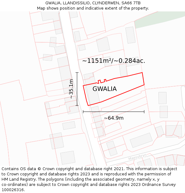 GWALIA, LLANDISSILIO, CLYNDERWEN, SA66 7TB: Plot and title map