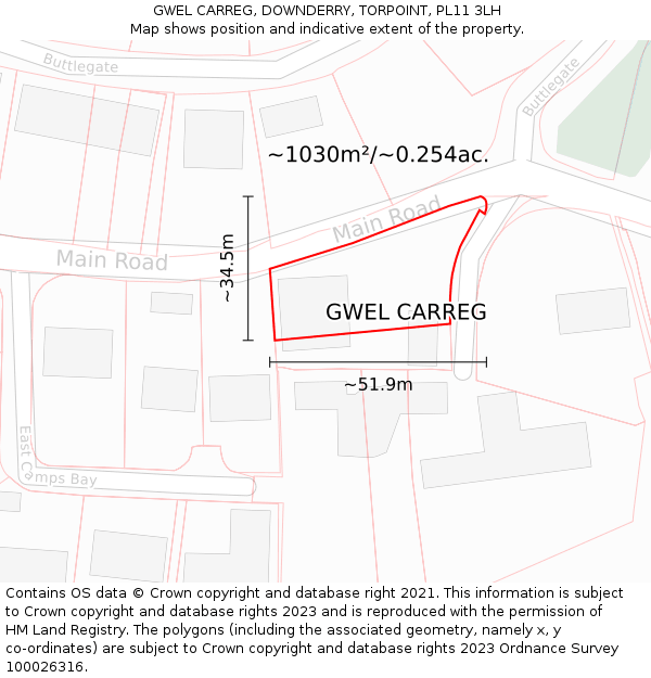 GWEL CARREG, DOWNDERRY, TORPOINT, PL11 3LH: Plot and title map