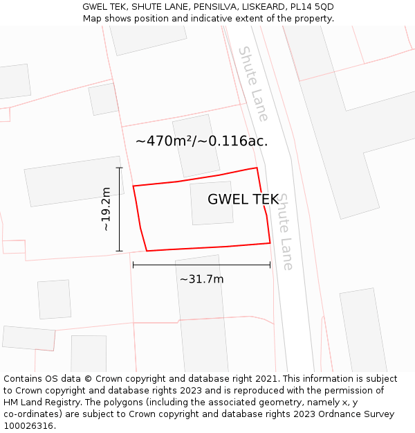 GWEL TEK, SHUTE LANE, PENSILVA, LISKEARD, PL14 5QD: Plot and title map