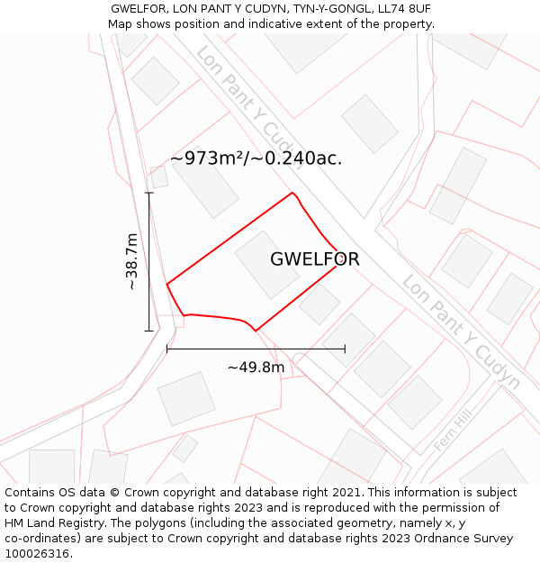 GWELFOR, LON PANT Y CUDYN, TYN-Y-GONGL, LL74 8UF: Plot and title map