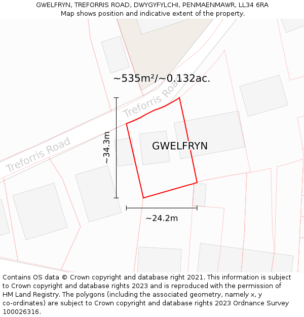 GWELFRYN, TREFORRIS ROAD, DWYGYFYLCHI, PENMAENMAWR, LL34 6RA: Plot and title map