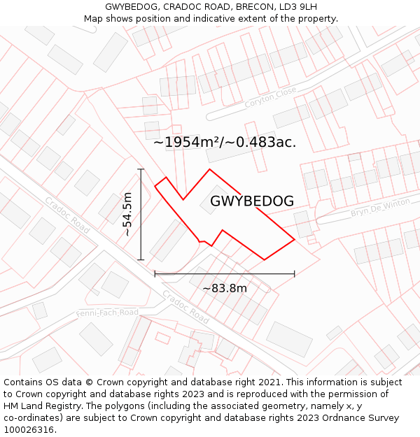 GWYBEDOG, CRADOC ROAD, BRECON, LD3 9LH: Plot and title map