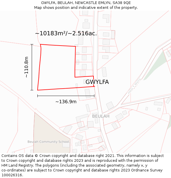 GWYLFA, BEULAH, NEWCASTLE EMLYN, SA38 9QE: Plot and title map