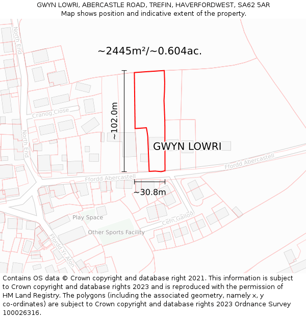 GWYN LOWRI, ABERCASTLE ROAD, TREFIN, HAVERFORDWEST, SA62 5AR: Plot and title map