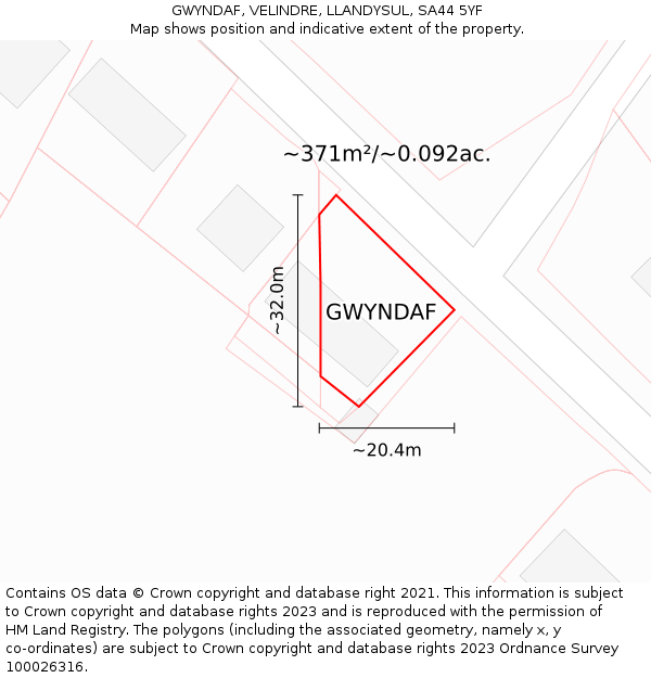 GWYNDAF, VELINDRE, LLANDYSUL, SA44 5YF: Plot and title map