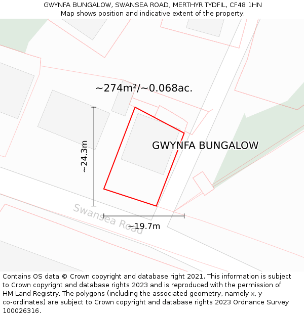 GWYNFA BUNGALOW, SWANSEA ROAD, MERTHYR TYDFIL, CF48 1HN: Plot and title map