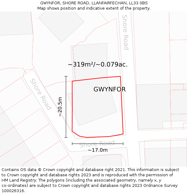 GWYNFOR, SHORE ROAD, LLANFAIRFECHAN, LL33 0BS: Plot and title map