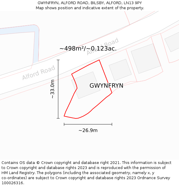 GWYNFRYN, ALFORD ROAD, BILSBY, ALFORD, LN13 9PY: Plot and title map