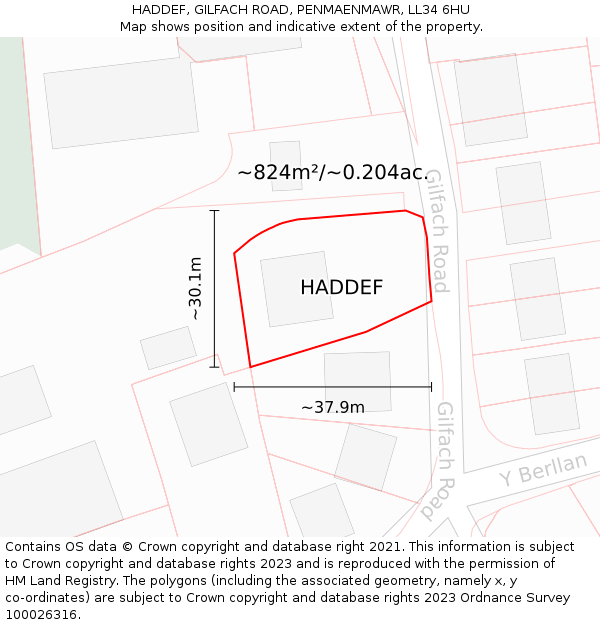 HADDEF, GILFACH ROAD, PENMAENMAWR, LL34 6HU: Plot and title map