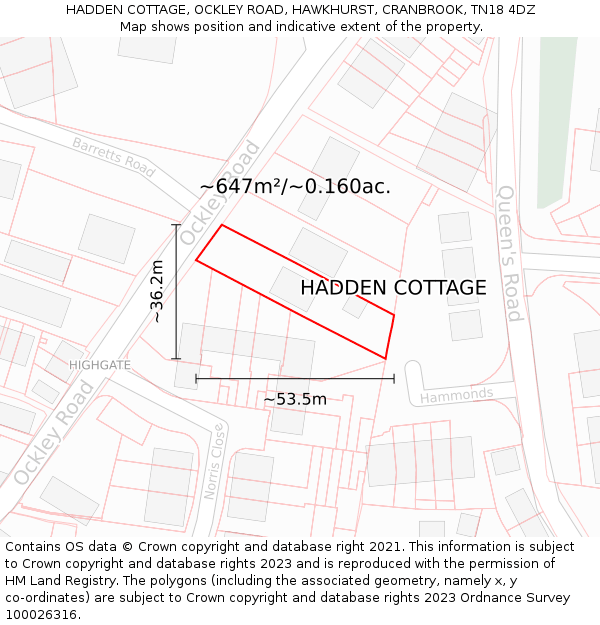 HADDEN COTTAGE, OCKLEY ROAD, HAWKHURST, CRANBROOK, TN18 4DZ: Plot and title map