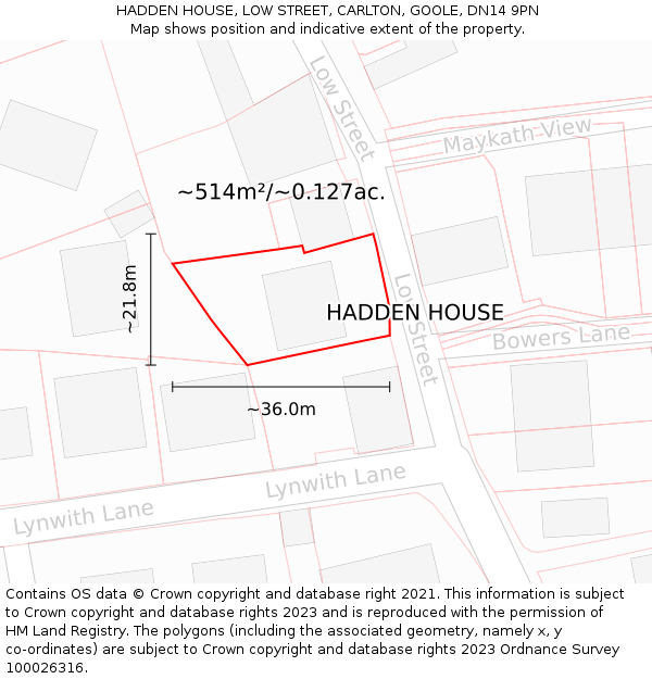 HADDEN HOUSE, LOW STREET, CARLTON, GOOLE, DN14 9PN: Plot and title map