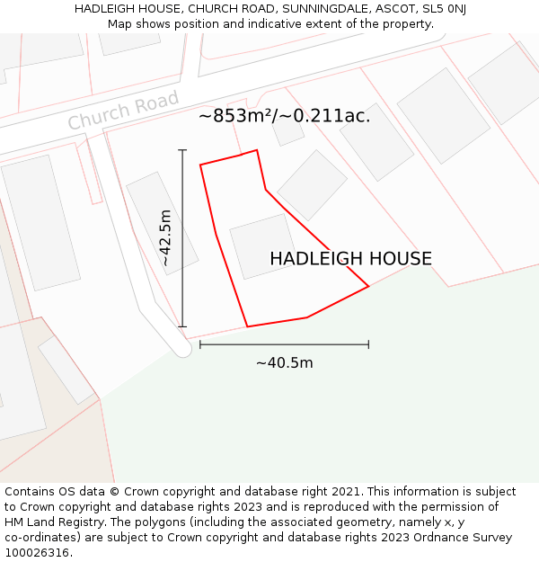 HADLEIGH HOUSE, CHURCH ROAD, SUNNINGDALE, ASCOT, SL5 0NJ: Plot and title map