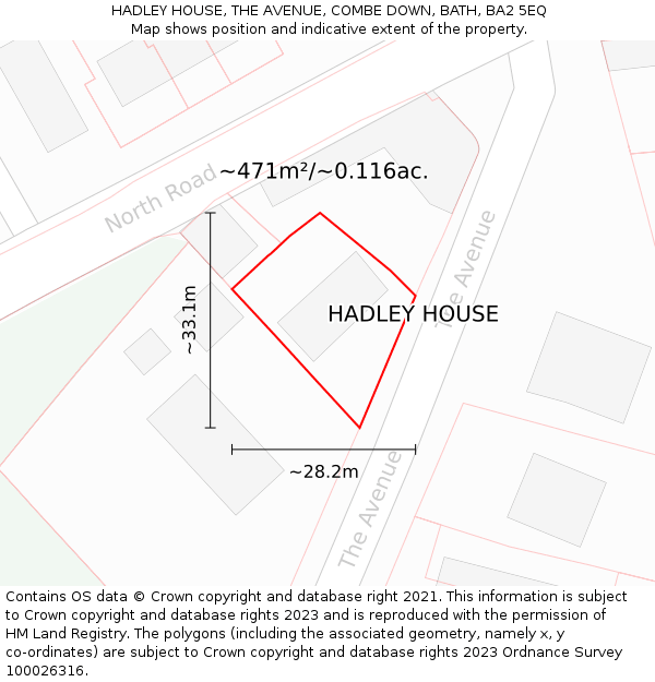 HADLEY HOUSE, THE AVENUE, COMBE DOWN, BATH, BA2 5EQ: Plot and title map