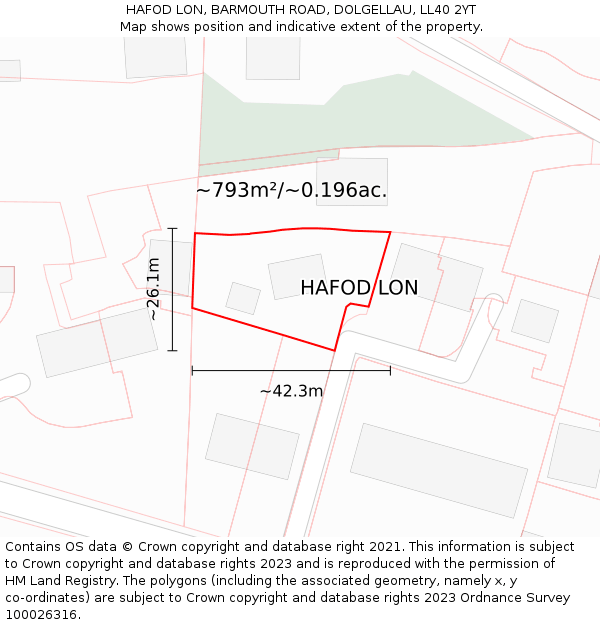 HAFOD LON, BARMOUTH ROAD, DOLGELLAU, LL40 2YT: Plot and title map