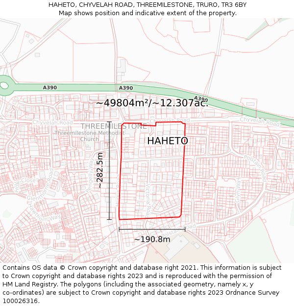 HAHETO, CHYVELAH ROAD, THREEMILESTONE, TRURO, TR3 6BY: Plot and title map