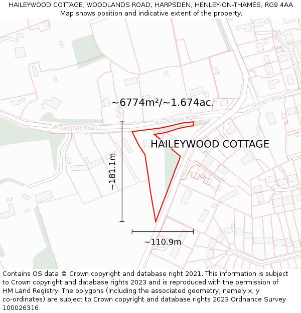 HAILEYWOOD COTTAGE, WOODLANDS ROAD, HARPSDEN, HENLEY-ON-THAMES, RG9 4AA: Plot and title map